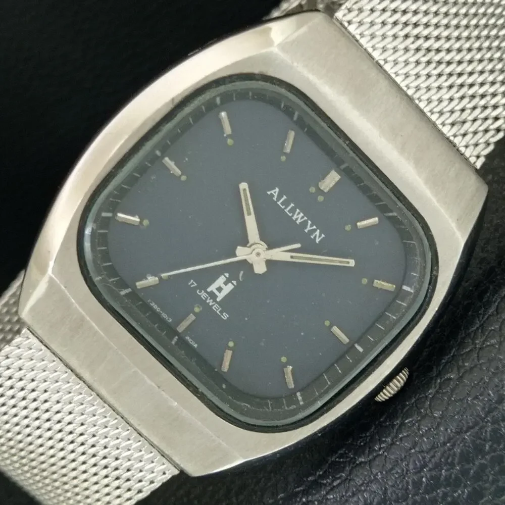 Vintage 1983 Allwyn Manual Mens Silver Watch W/Metal Strap & Blue accents
